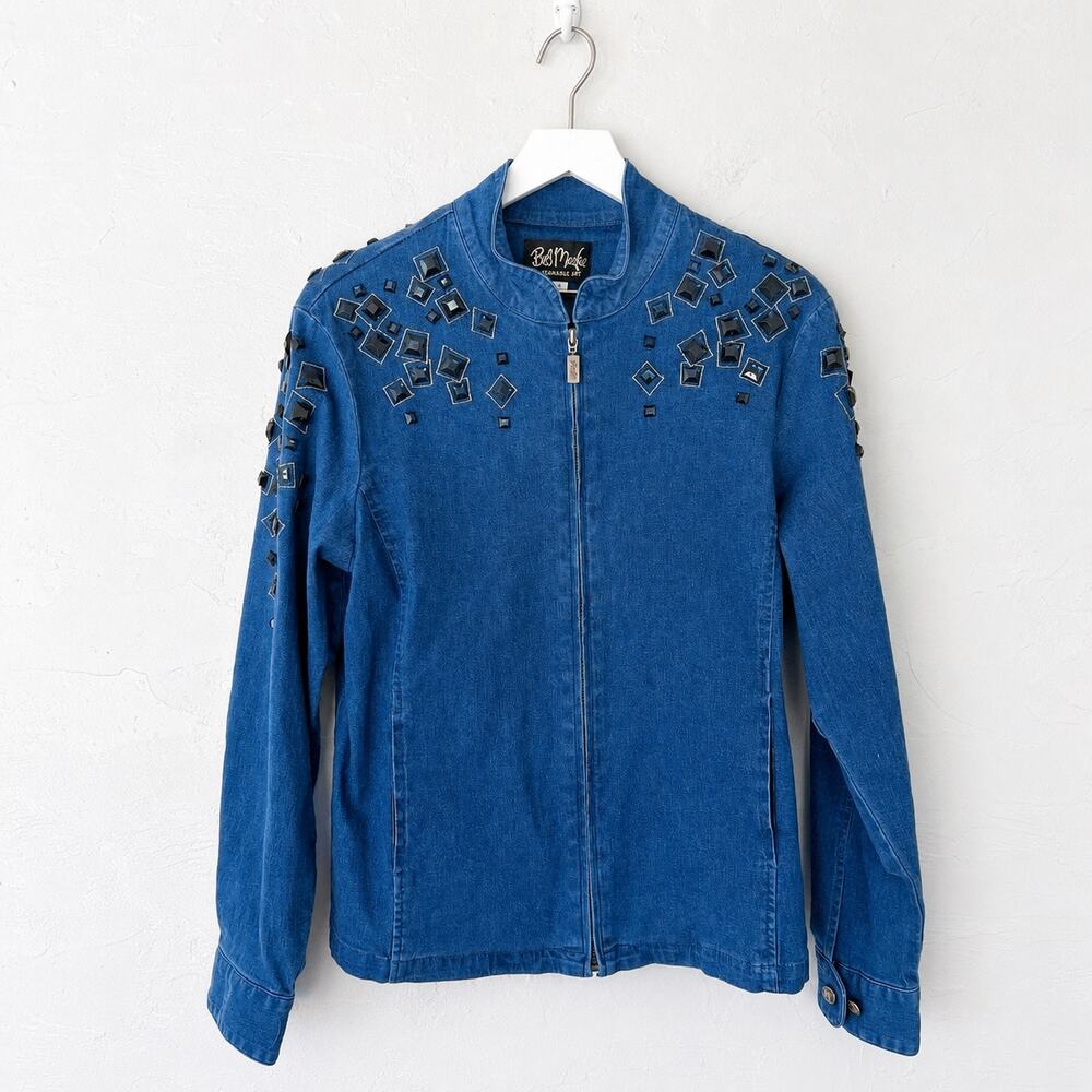 Bob Mackie Wearable Art Embellished Denim Jacket Rhinestone Zip M